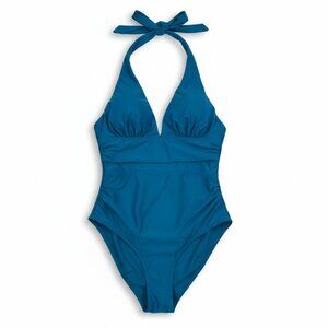New | Halter Tummy Control Ruched One Piece Swimsuit Teal Plunge V Neck | Small